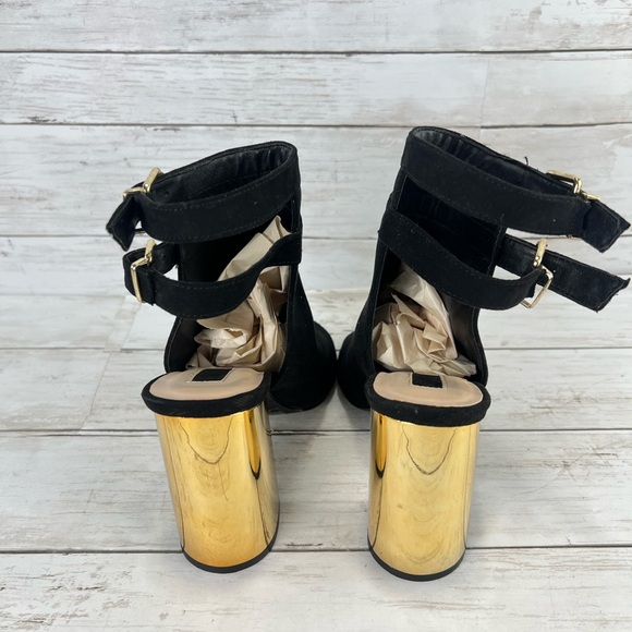Forever 21 Black Peep Toe Booties with Block Gold Heel Buckle Double Straps 8 - Picture 5 of 14
